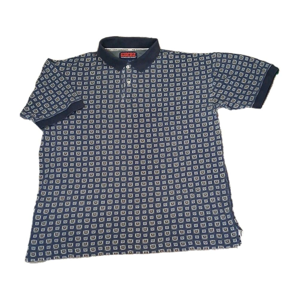 PIVOT RULES SHIRT POLO VINTAGE MEN LARGE BLUE GEOMETRIC SQUARES COTTON CASUAL SH